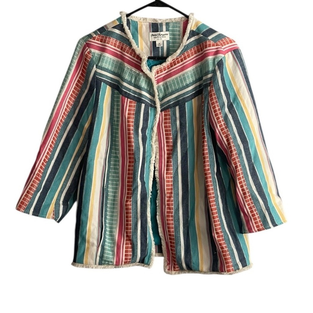 Norm Thompson Med open front jacket Blazer multicolor striped fringe boho Summer